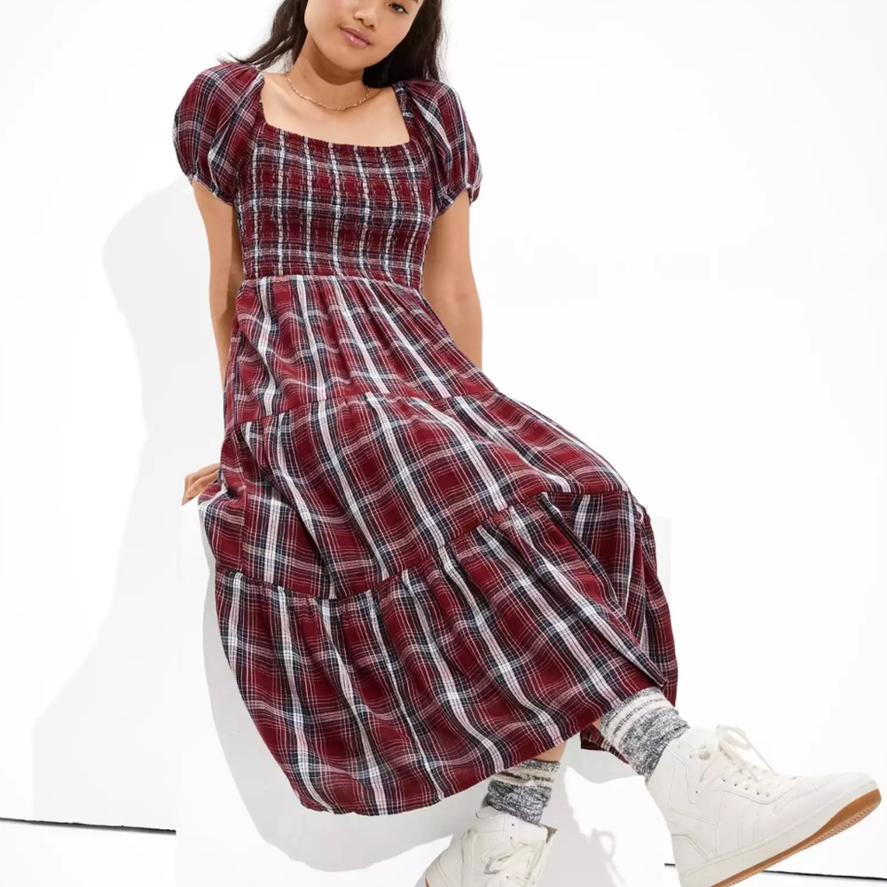 NWOT AE plaid smocked midi dress size XL